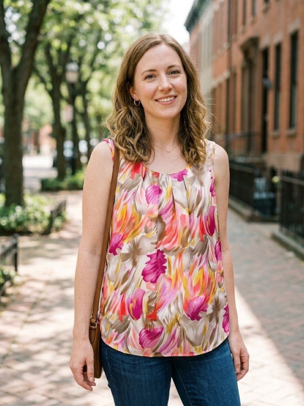 Notations Floral Pleated Sleeveless Blouse in Gold and Pink